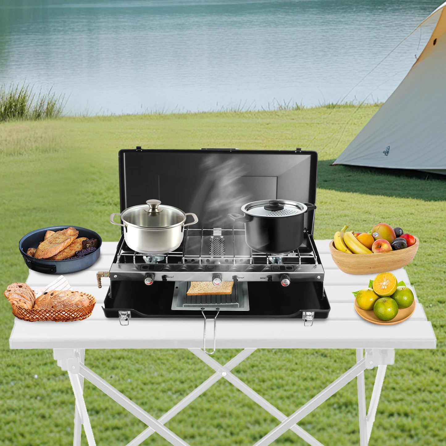 3 Burner Propane/ Butane Gas Camping Stove W/ Grid + Tray