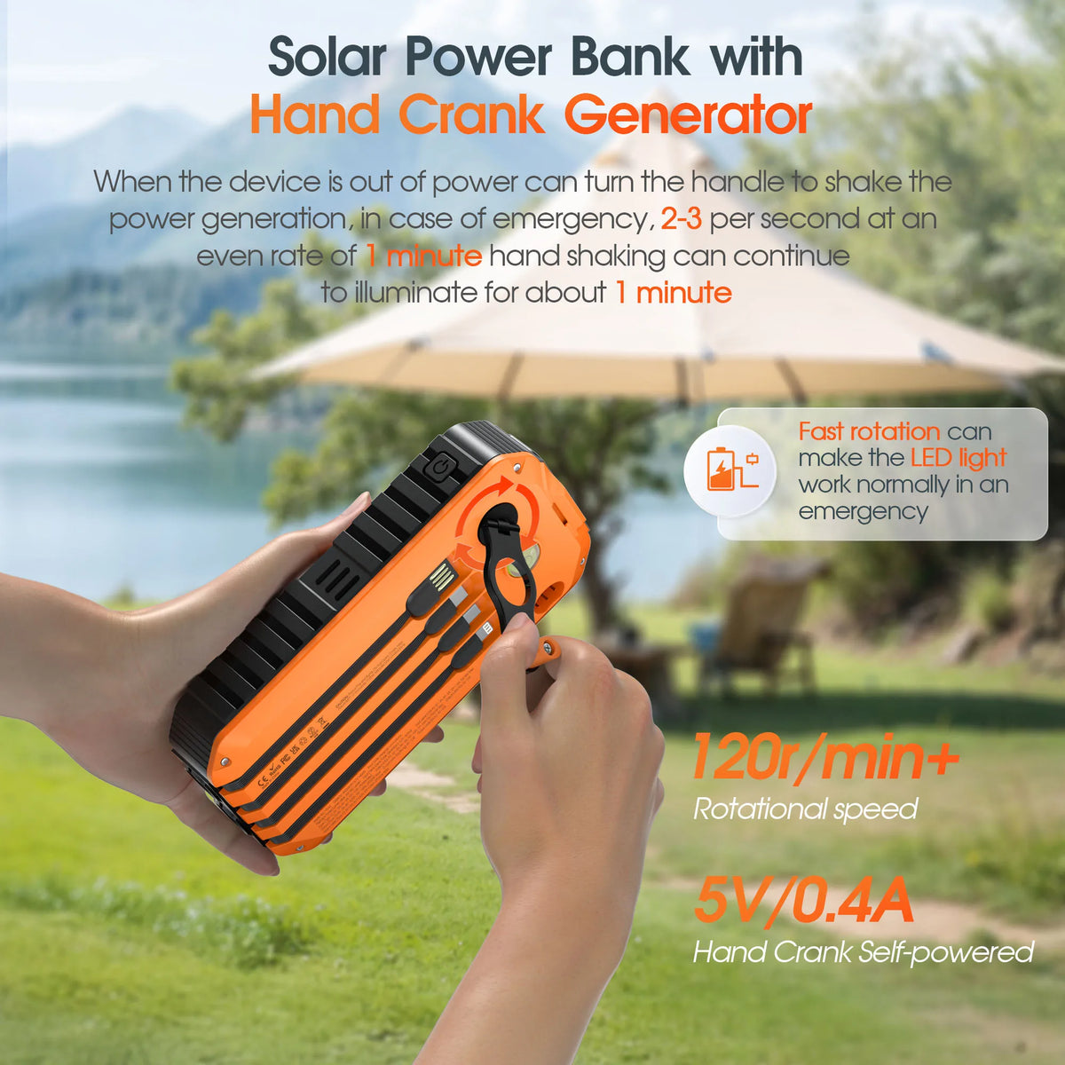 40,000mAh Solar Power Bank with Hand Crank — 4 Built-In Cables, Compass & LED Flashlight