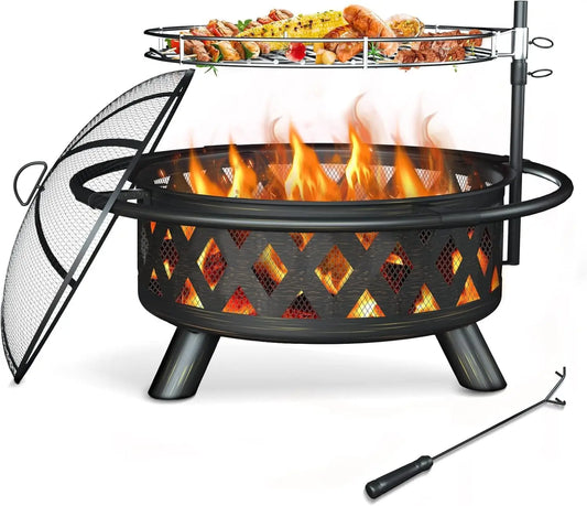 30 Inch Wood Burning Fire Pit - BBQ Grill Grate, Spark Screen, Poker, Lid