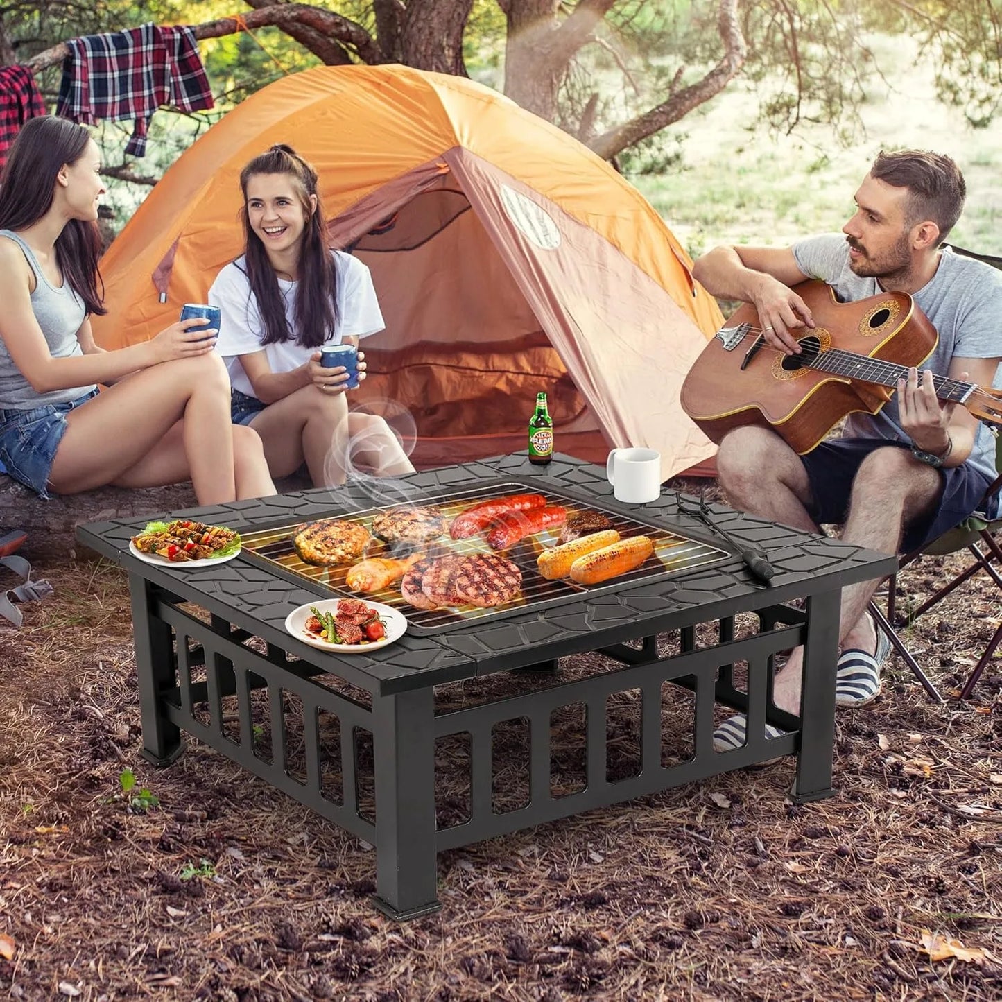 32" Square Outdoor Fire Pit with Spark Screen & Waterproof Cover