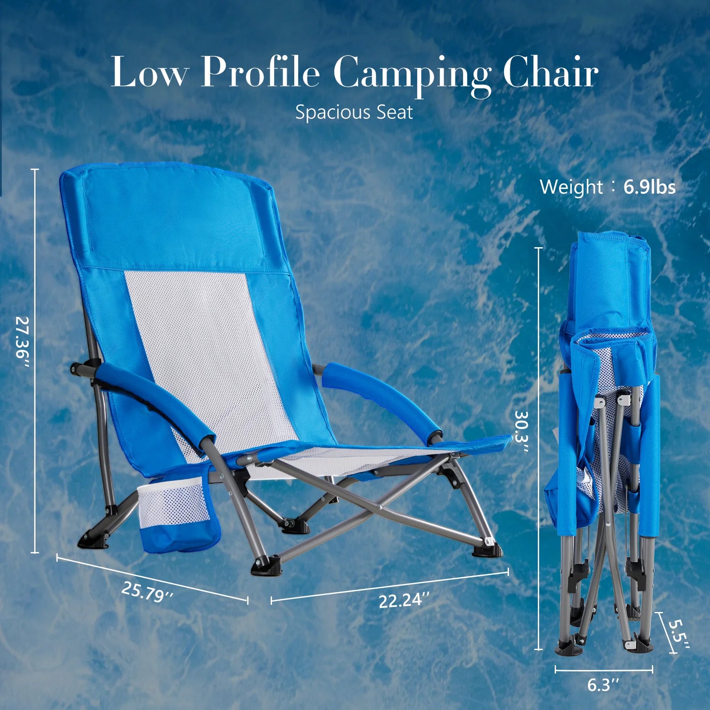 Folding Low Beach Chair with Cup Holder and Padded Armrests