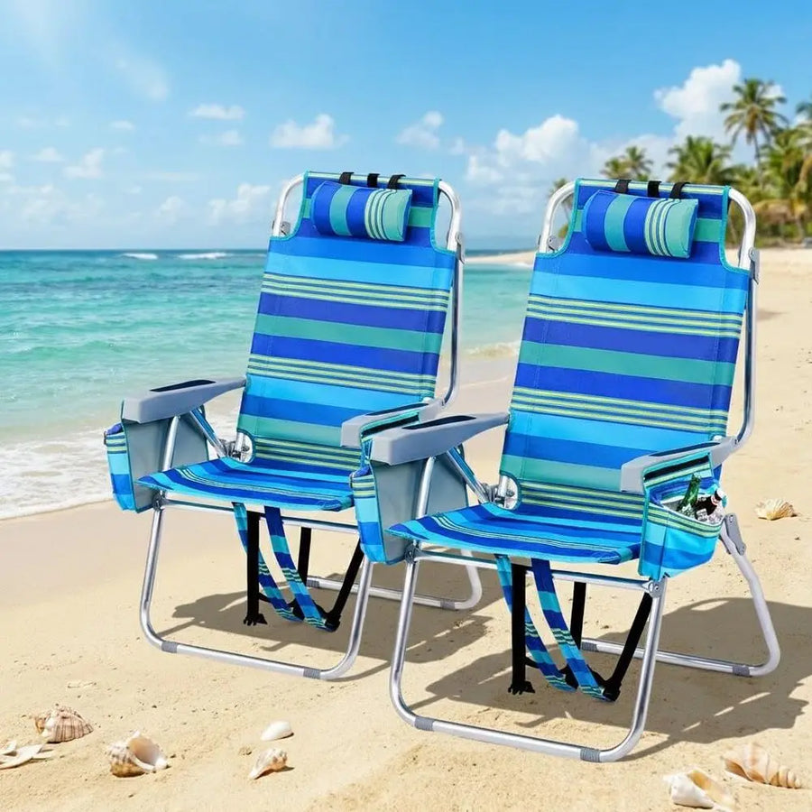 16" Tall Beach Chairs for Adults, 2-Pack Backpack Chair with 5-Position Recline, Cooler Bag, Cup Holder & Towel Rack