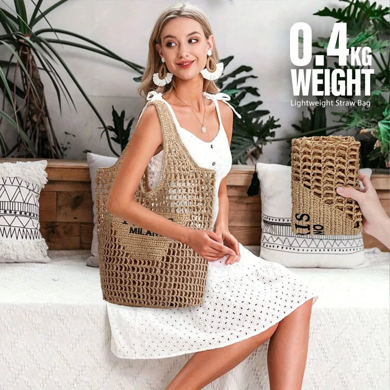 Summer Straw Beach Bag – Woven Tote with Hollow-Out Design for Beach, Travel & Holiday