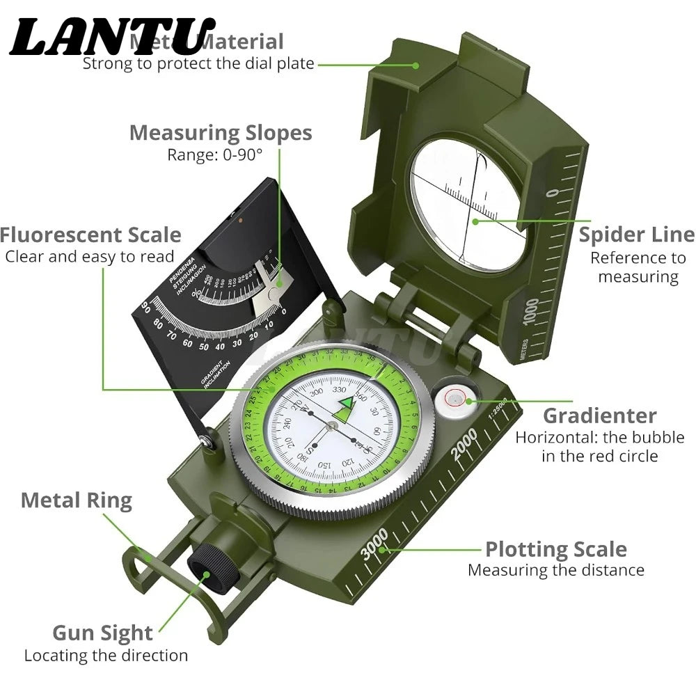 Durable Metal Military Compass, Waterproof with Fluorescent Scale