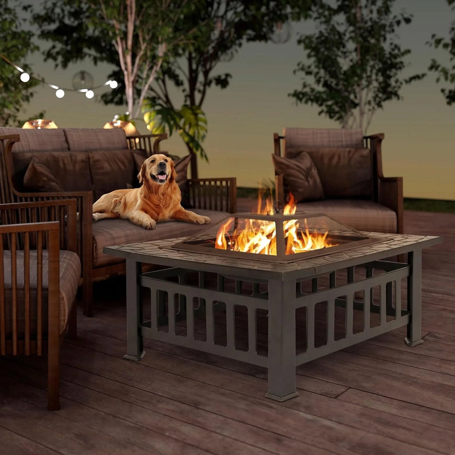 32" Square Outdoor Fire Pit with Spark Screen & Waterproof Cover