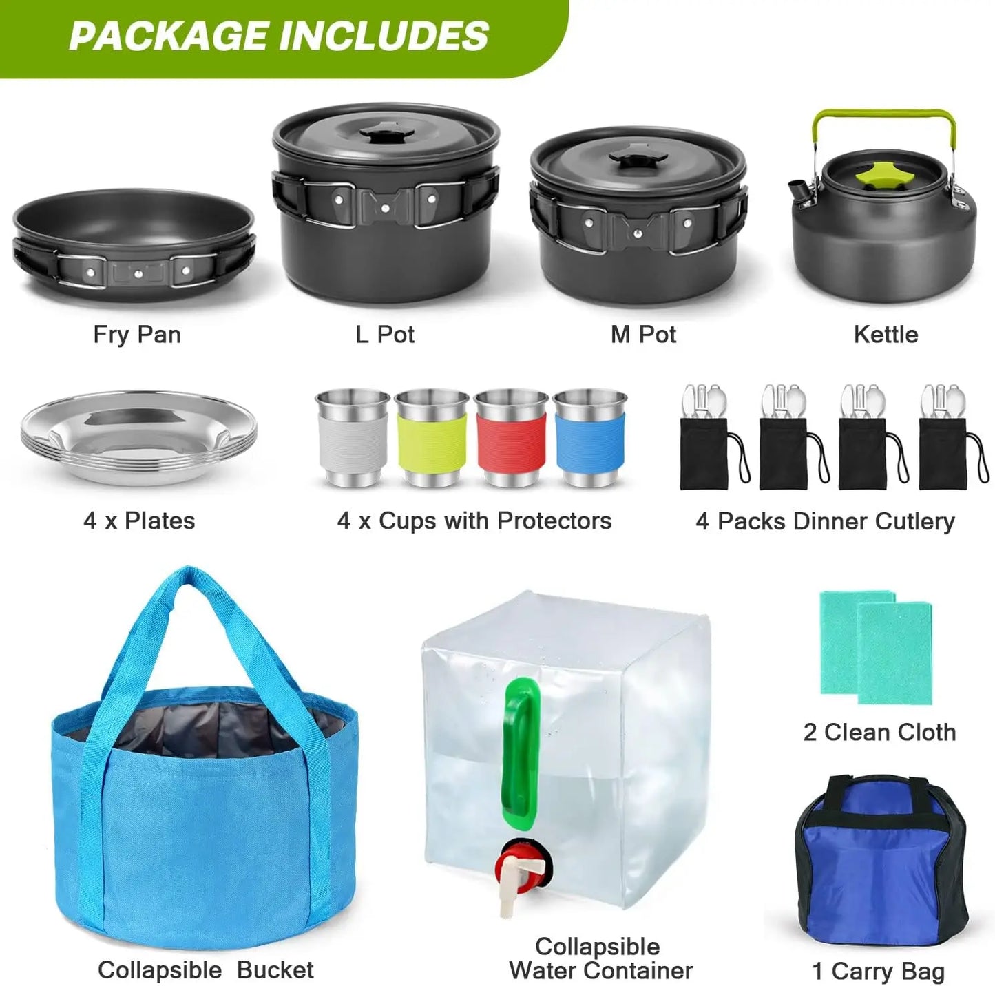 29-Piece Camping Cookware Mess Kit | Non-Stick Pots, Pan, Kettle & Stainless Cutlery for 4
