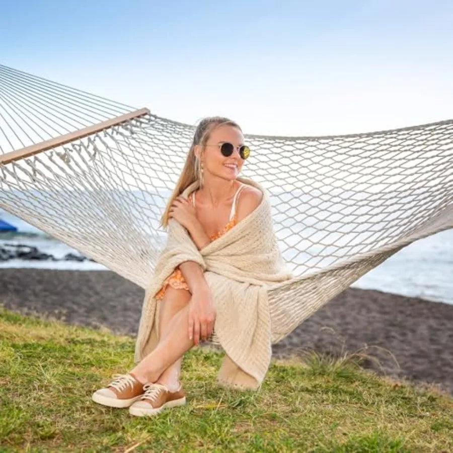 Traditional rope double hammock, hardwood spreader bar and carrying bag, natural color