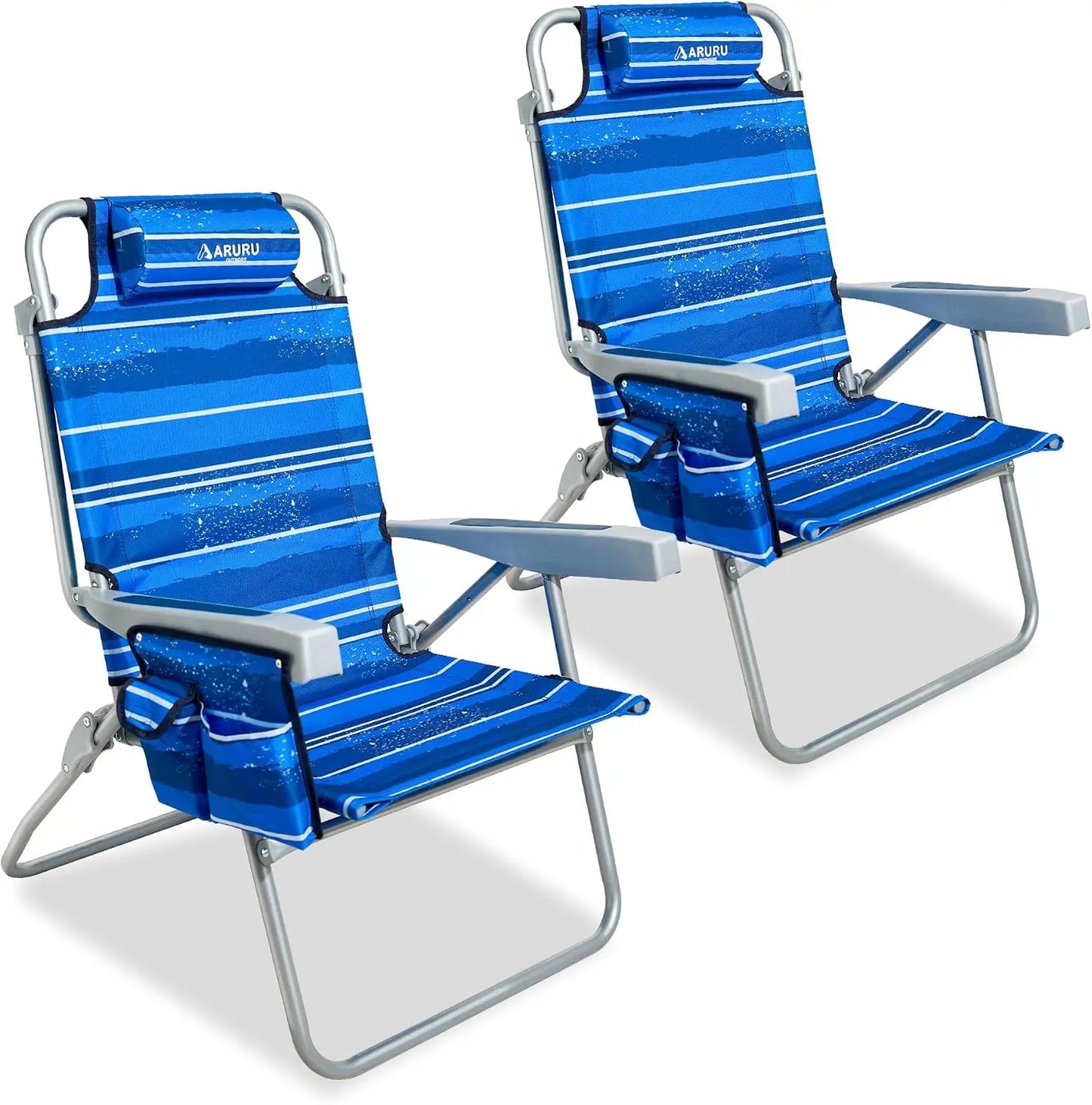 Tall Beach Chairs for Adults 2 Pack — 5-Position Lay Flat High Seat with Cooler