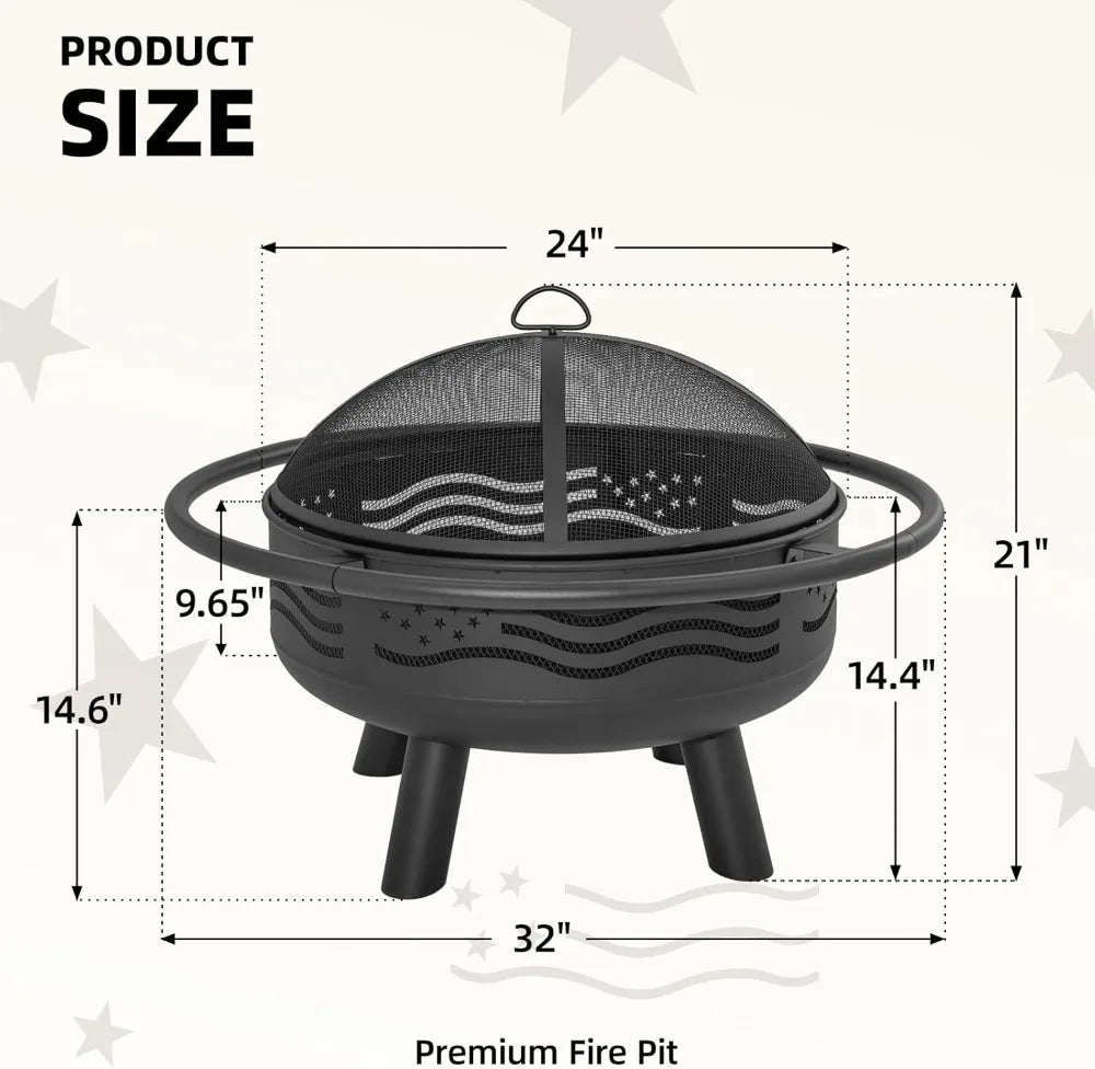 32 Inch American Flag Fire Pit with Mesh Cover & Poker