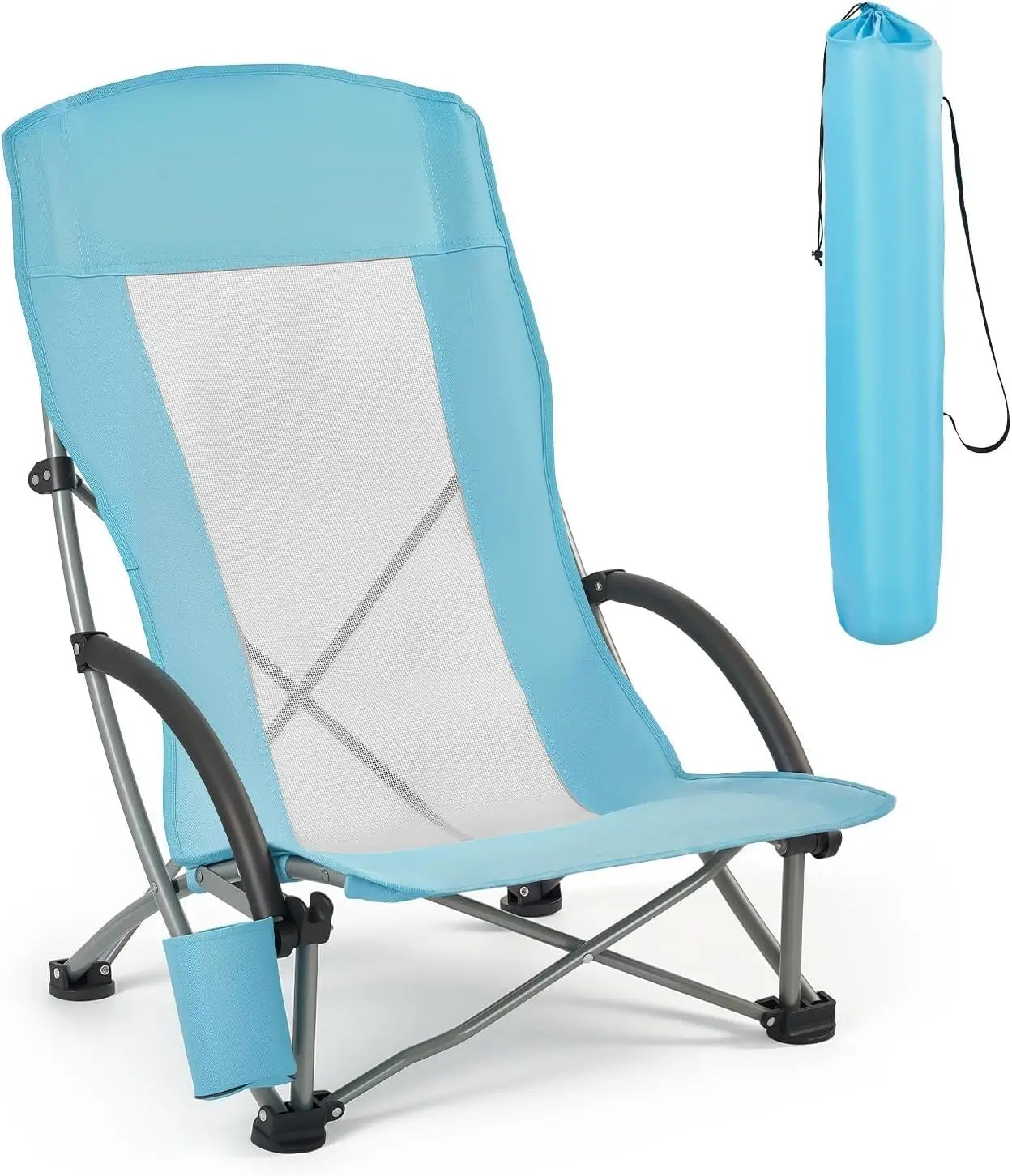 High Back Folding Beach Chair — Mesh Back, Cup Pocket & Carry Bag (1 or 2 Pack)