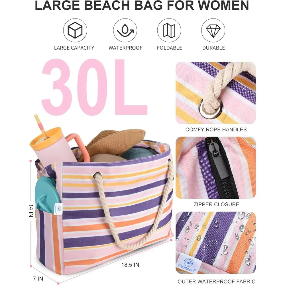 Large Waterproof Beach Tote with Zipper, Solid or Travel Pool
