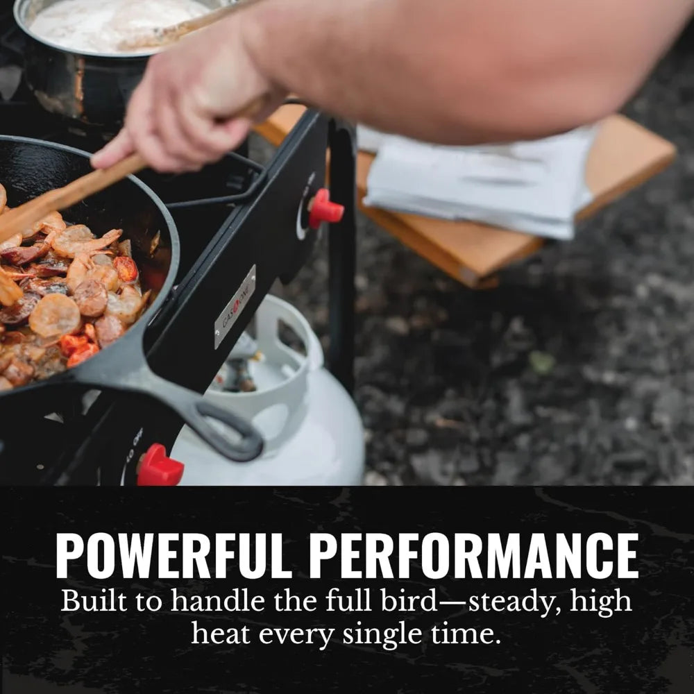 Propane Double Burner Camp Stove | High Pressure | Adjustable PSI | Cast Iron Grates