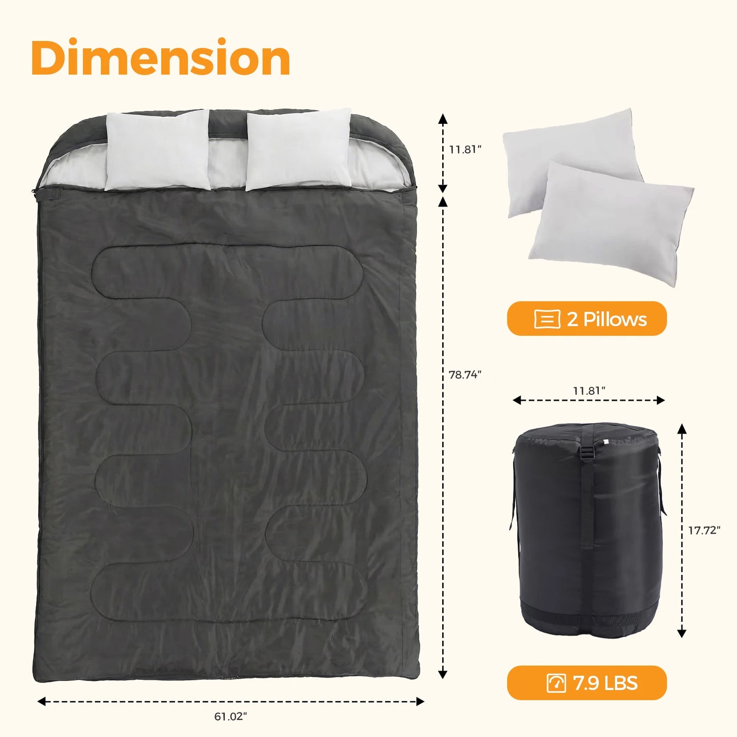 JHK Double Sleeping Bag for Adults with Pillow – 3 Season Lightweight 2-Person Camping Bag