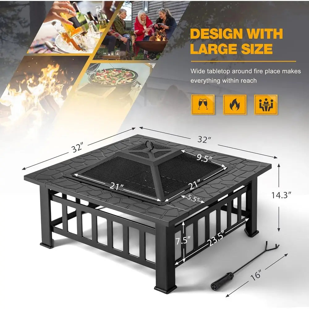 Outdoor ire Pit, 32 Inch irt Table Metal Outdoor ireplaces with Waterproo Cover or Outside Patio Camping (Black)