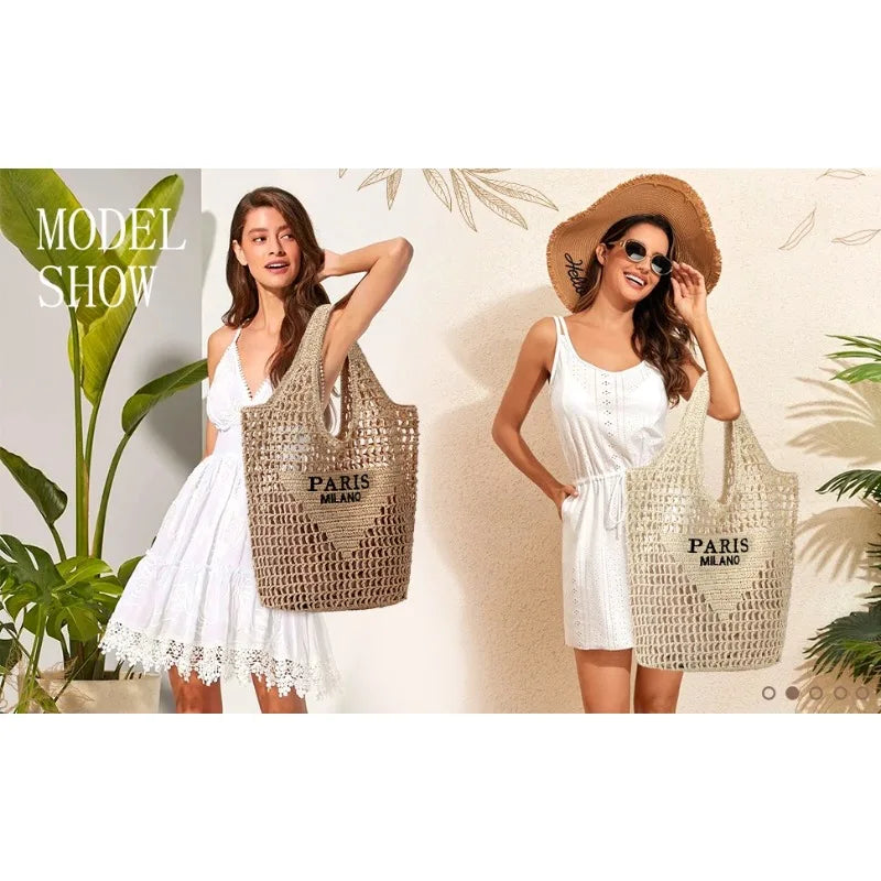 Summer Straw Beach Bag – Woven Tote with Hollow-Out Design for Beach, Travel & Holiday