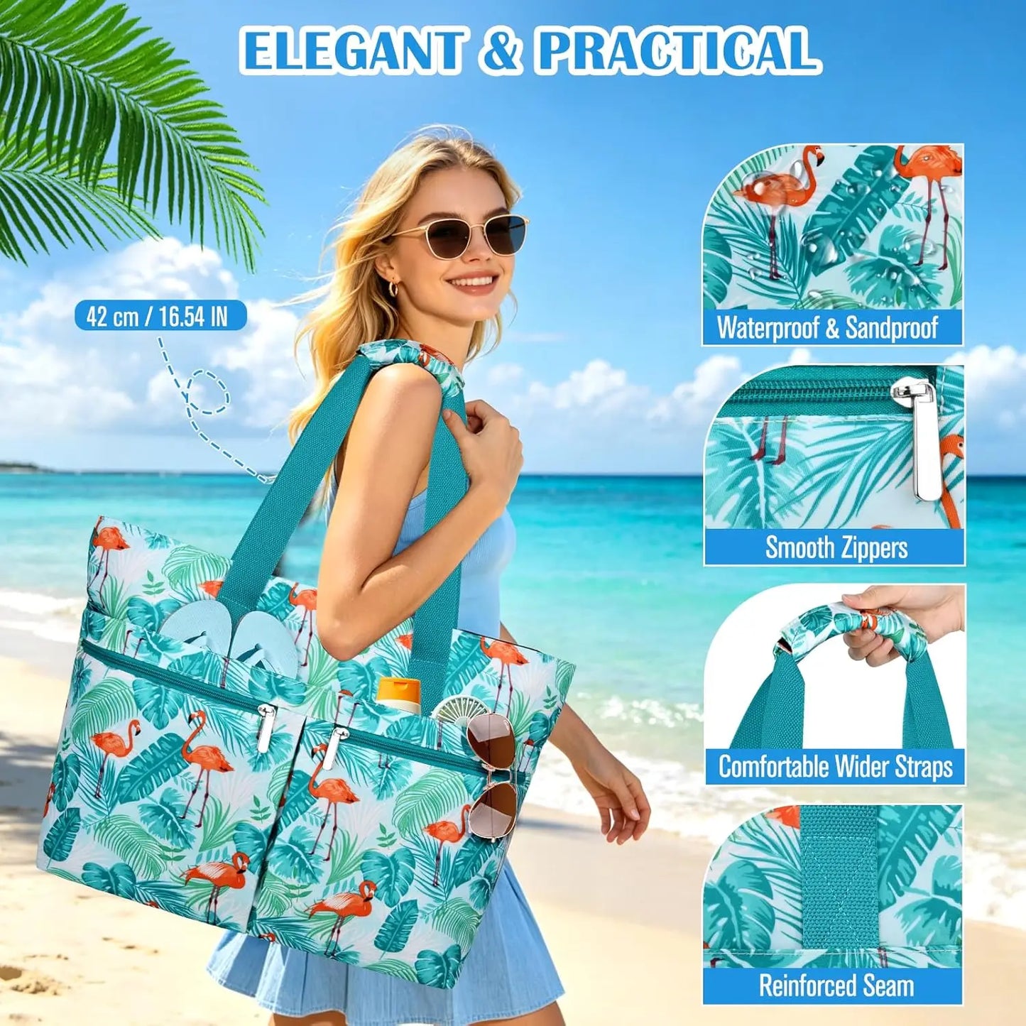 Large Beach Bag with Zipper, Waterproof, Sandproof, with Wet Pocket