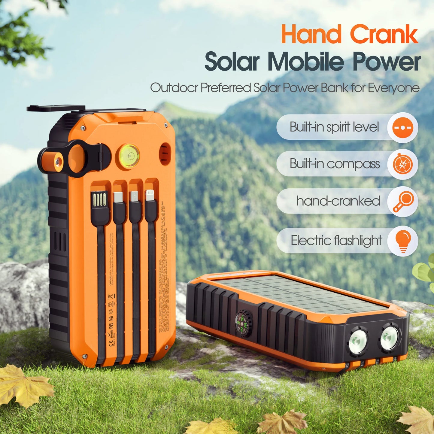 40,000mAh Solar Power Bank with Hand Crank — 4 Built-In Cables, Compass & LED Flashlight