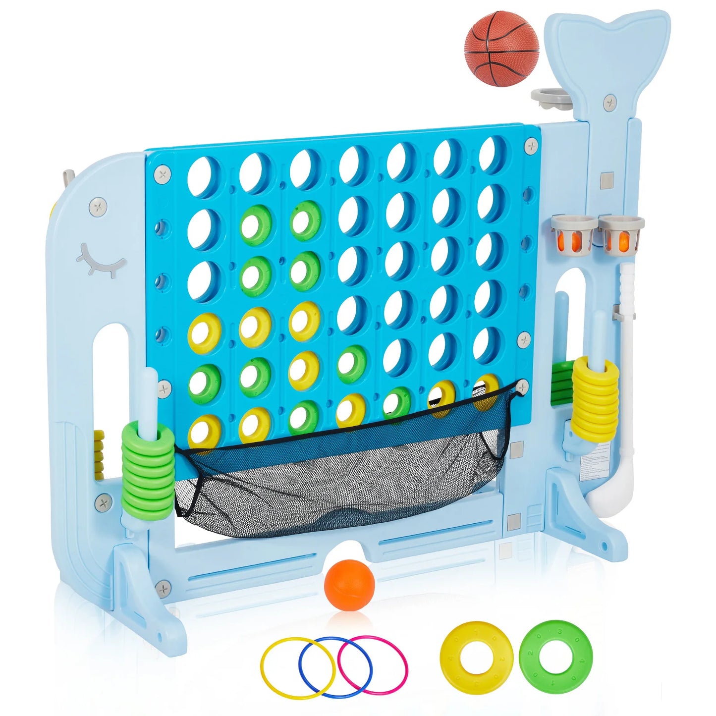 4-in-1 Giant Connect Game Set, Adjustable Height, Basketball Hoop, Ring Toss