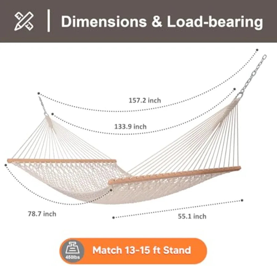 Traditional Rope Double Hammock with Hardwood Spreader Bar and Carrying Bag, Natural Color