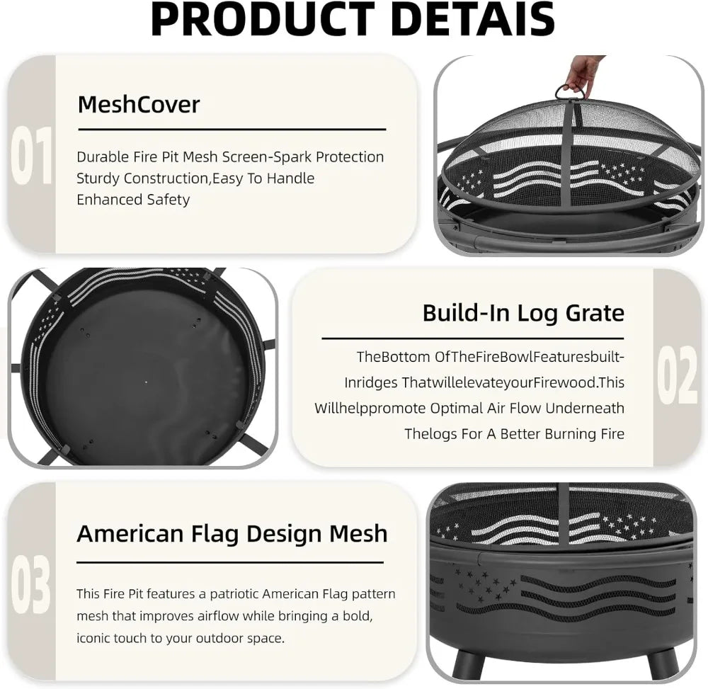 32 Inch American Flag Fire Pit with Mesh Cover & Poker