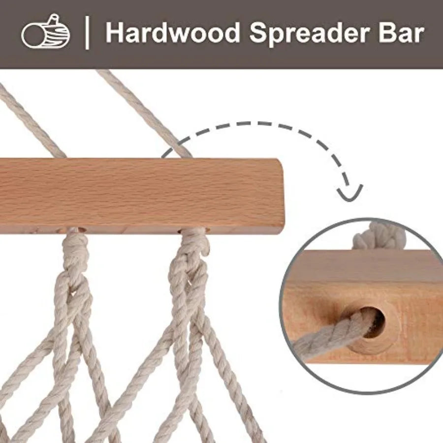 Traditional rope double hammock, hardwood spreader bar and carrying bag, natural color