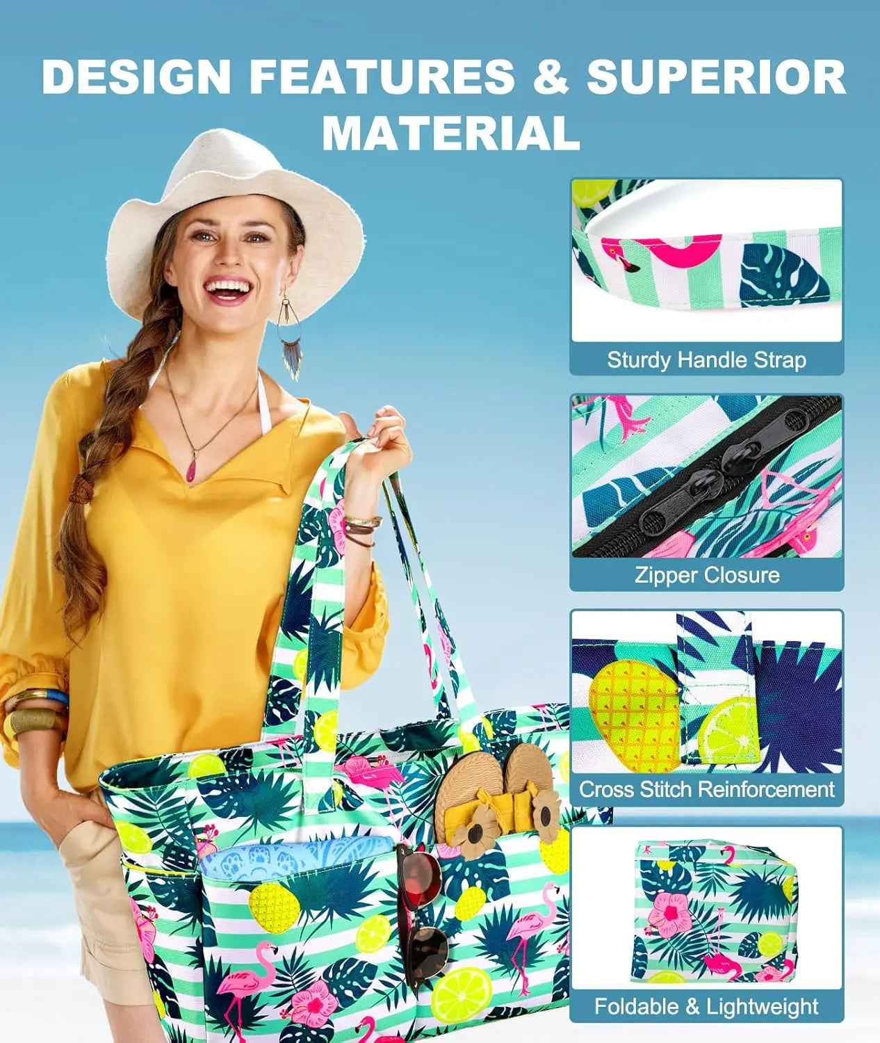 Extra Large Beach Tote, Lightweight Foldable