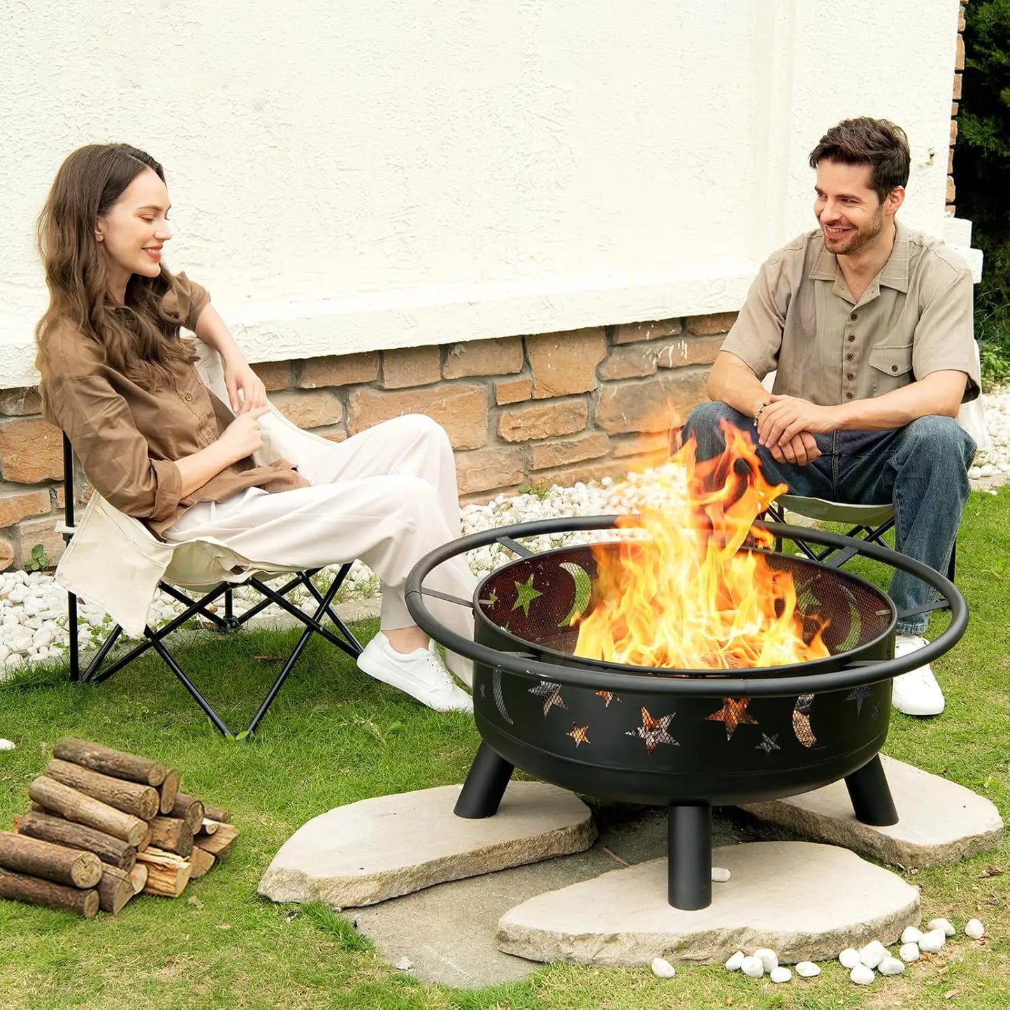 32" Round Wood Burning Fire Pit – Star & Moon Design with Mesh Cover and Poker
