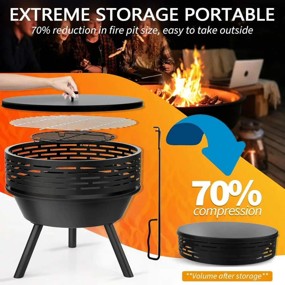 3-in-1 Fire Pit with Grill & Lid ,23 in
