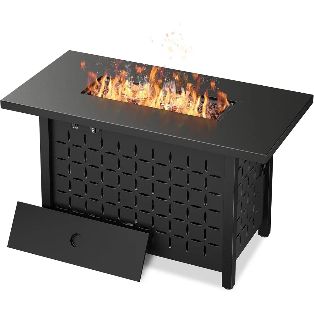 43 inch Gas Fire Pit Table, 50,000 BTU Outdoor Rectangular Propane Firepit Table with Lid, Glass Wind Guard