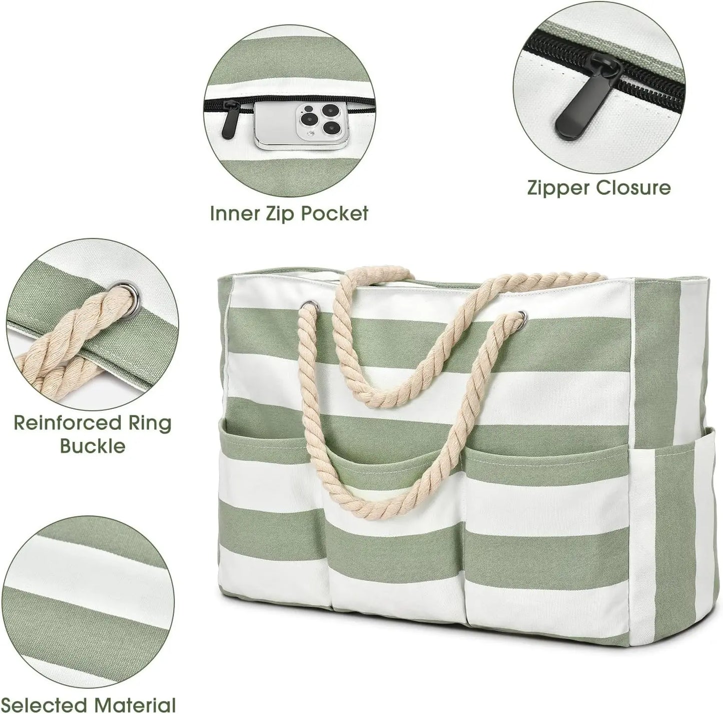 Canvas Beach Tote Bag with Zipper ,Waterproof, Sandproof, 7 Pockets
