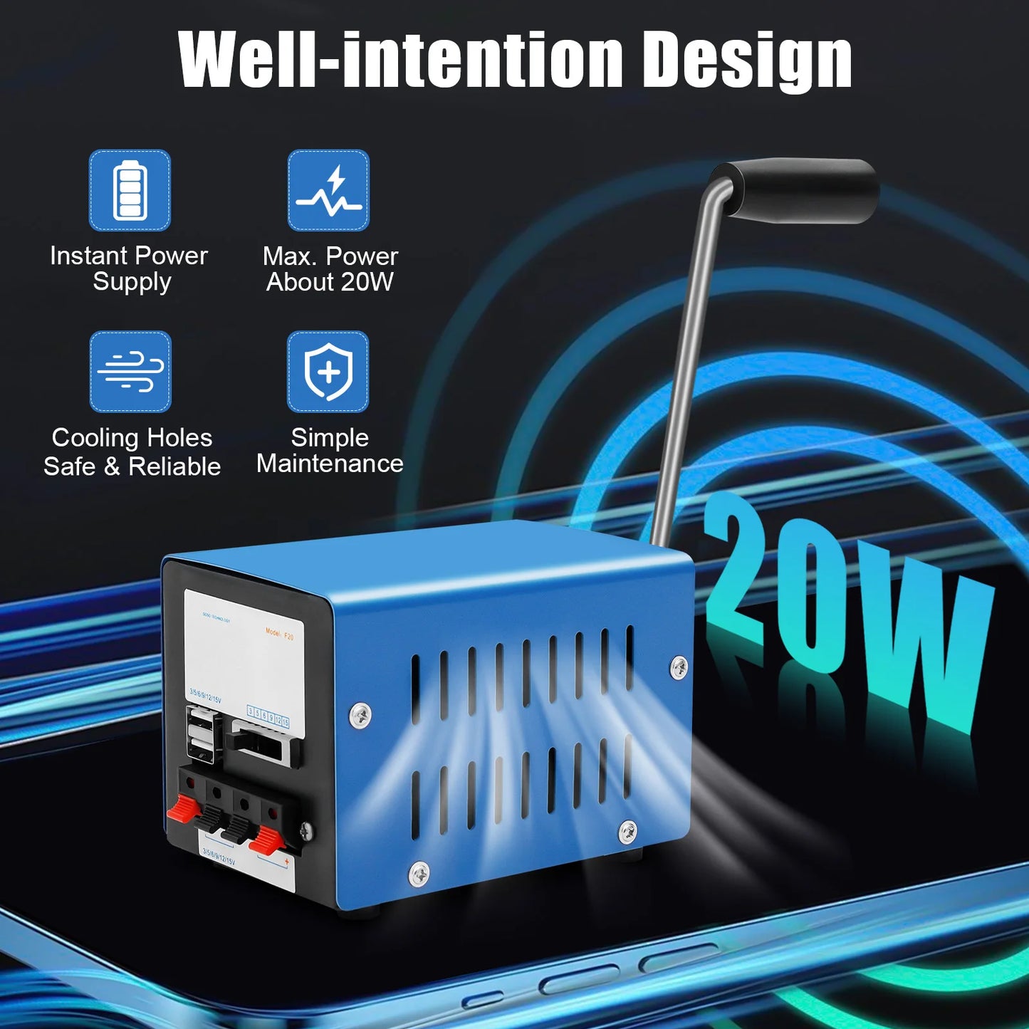Hand Crank Generator — 20W Emergency Power Bank with USB Output