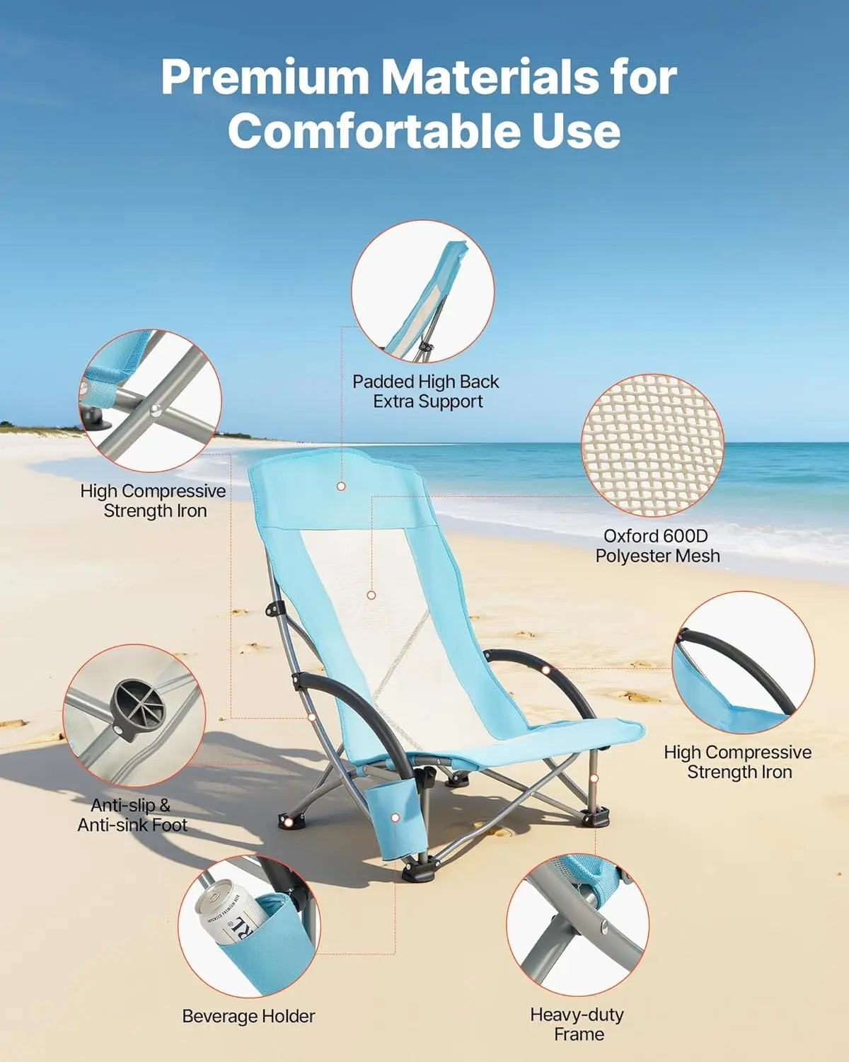 High Back Folding Beach Chair — Mesh Back, Cup Pocket & Carry Bag (1 or 2 Pack)