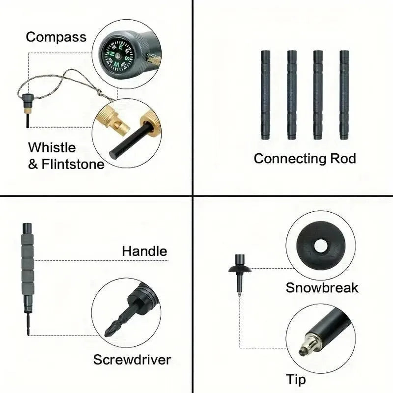 Multi-Purpose Trekking Pole with Compass, Flint and Screwdriver