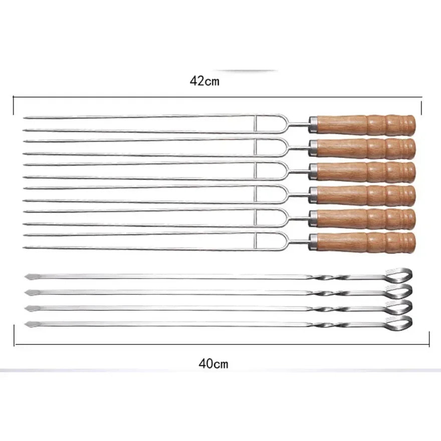 10 PCS Stainless Steel BBQ Skewers with Wooden  Handles and Storage Bag