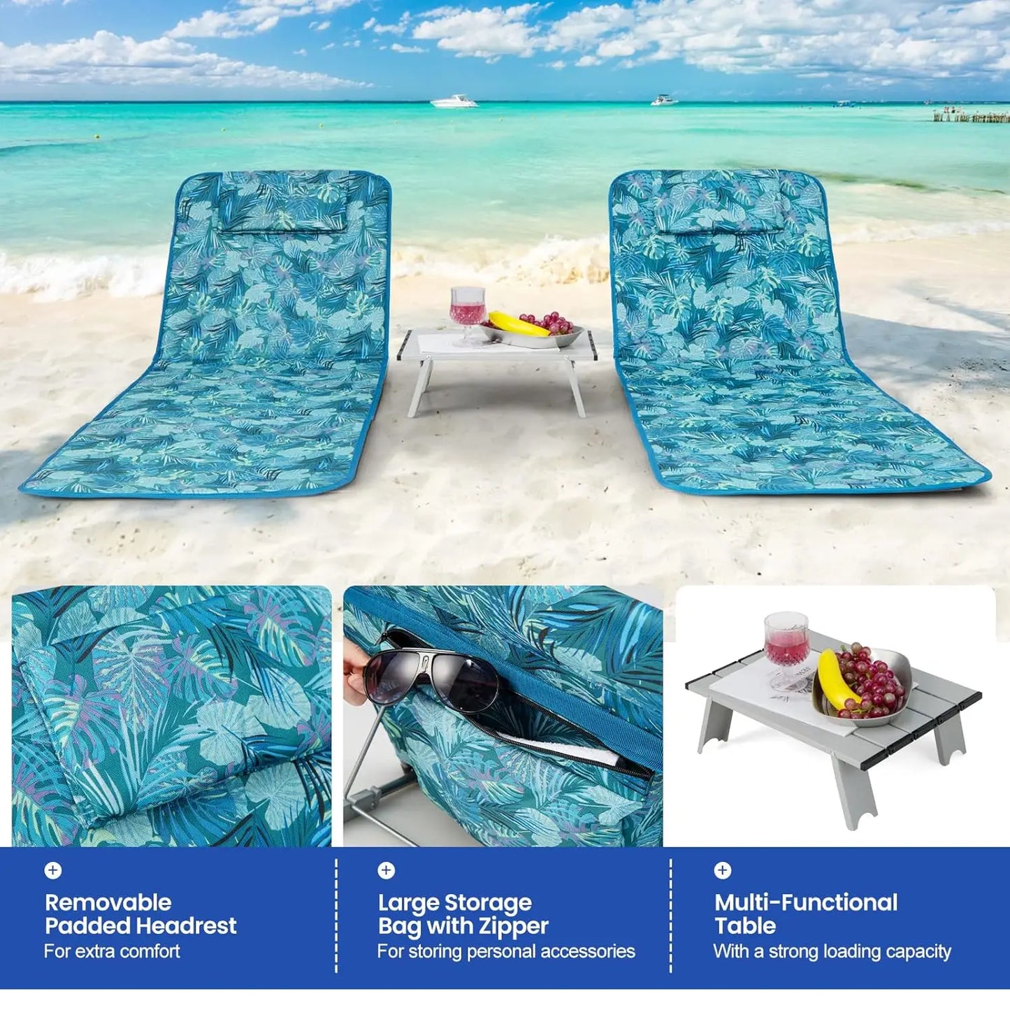 5-Position Adjustable Beach Chair 2-Pack with Side Table – Lightweight