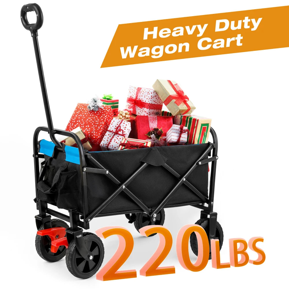 Folding Utility Wagon – 150 lb Capacity Beach, Garden & Camping Cart with Brakes
