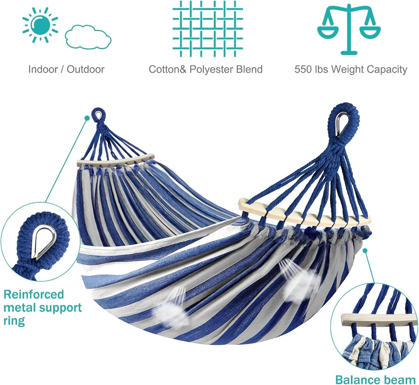 Hammock with Anti-Roll Balance Beam and Sturdy Metal Knot Straps