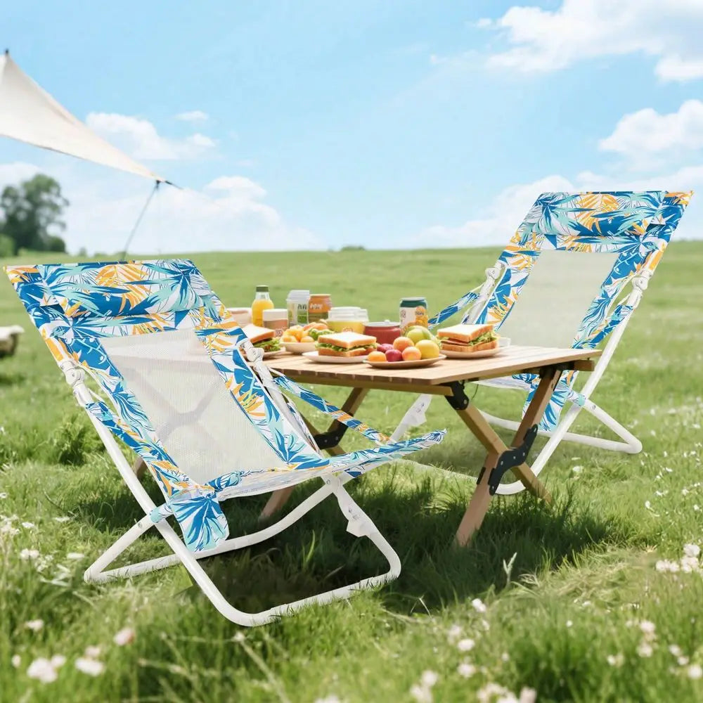 Folding Low Beach Chair, Set Of 2 With Padded Head Pillow