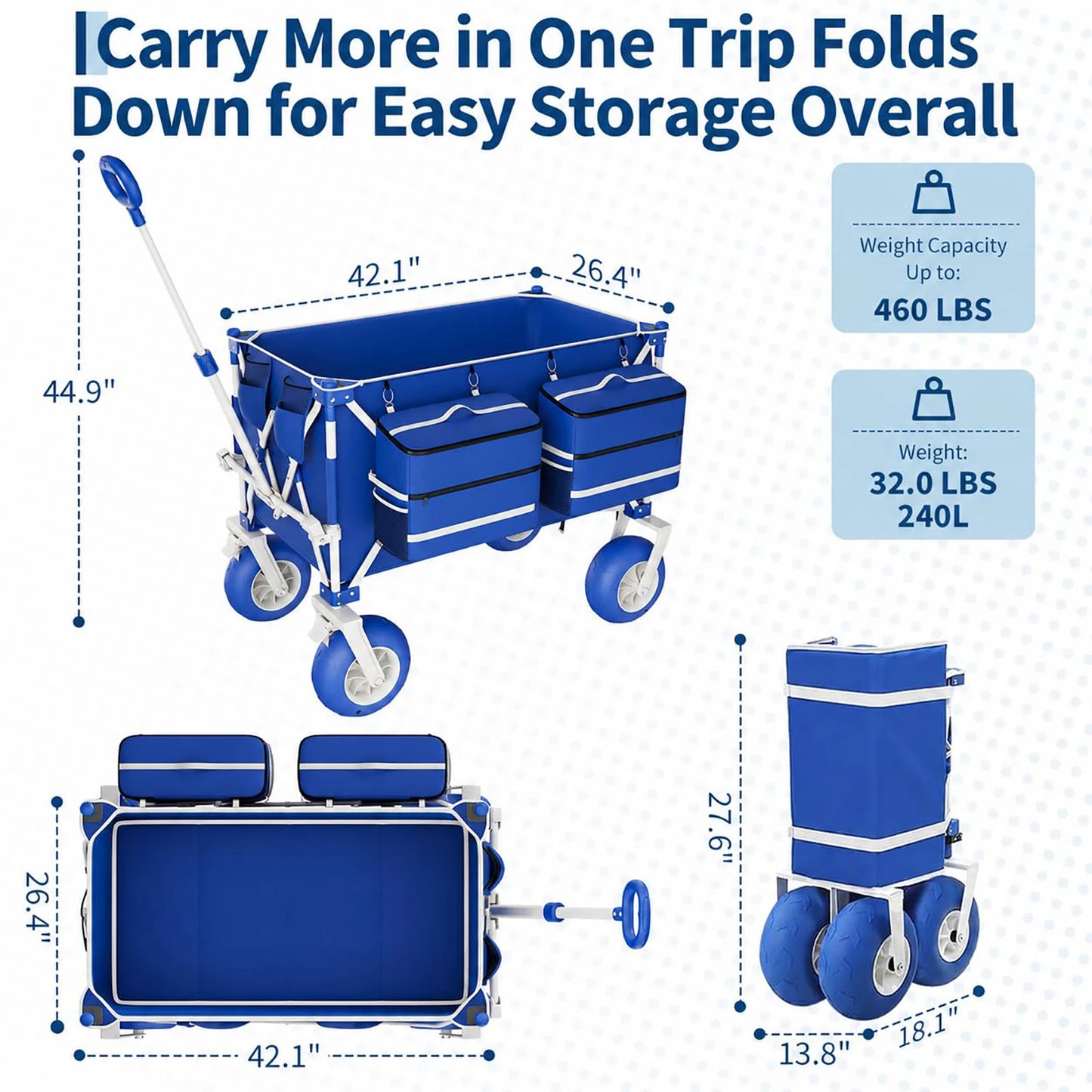 Heavy Duty Beach Wagon Cart | 460LBS | Folding Utility Wagon with 9" All-Terrain Wheels