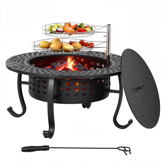 36 Inch Wood Burning Fire Pit with 2 Adjustable Grills & Lid