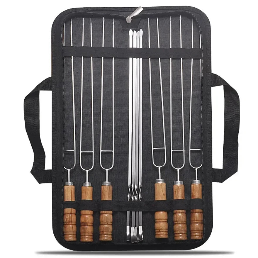 10 PCS Stainless Steel BBQ Skewers with Wooden  Handles and Storage Bag