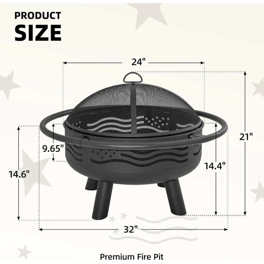 32 Inch American Flag Fire Pit with Mesh Cover & Poker