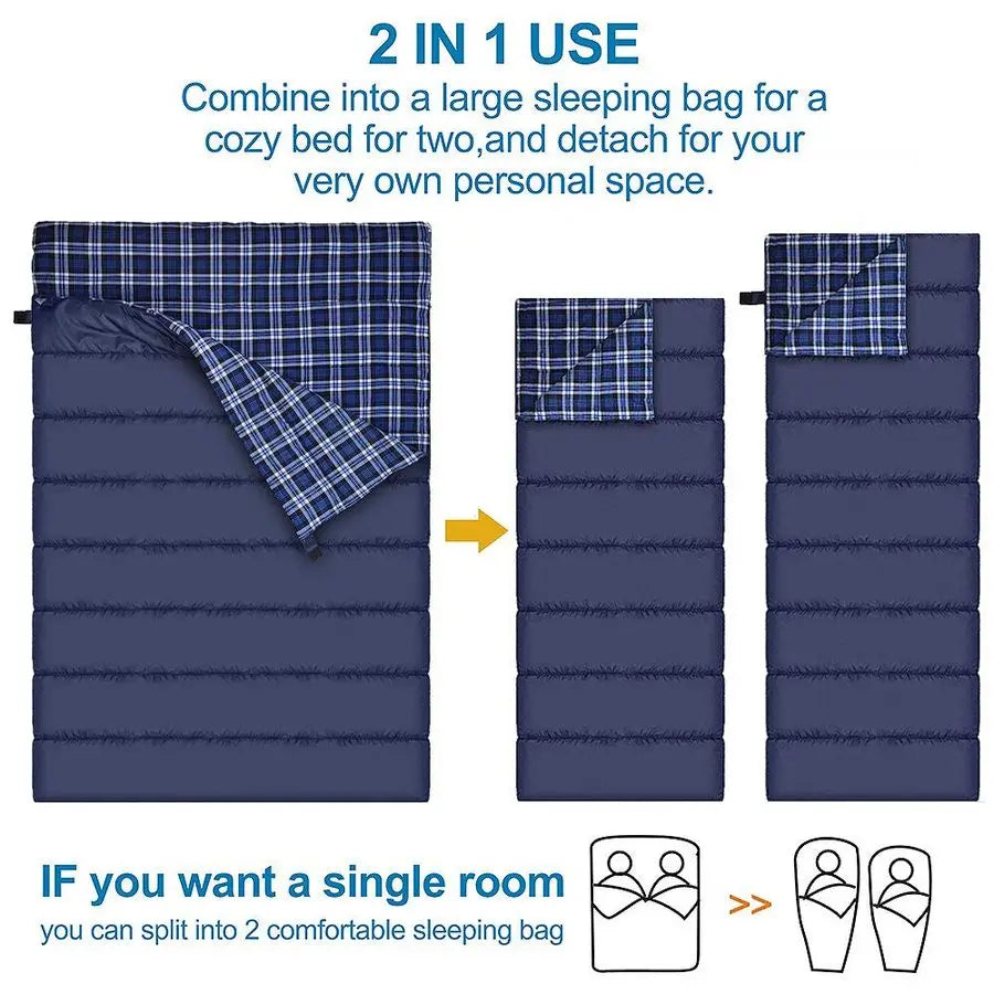 Cotton Flannel Double Sleeping Bag: Queen Size, 2-Person