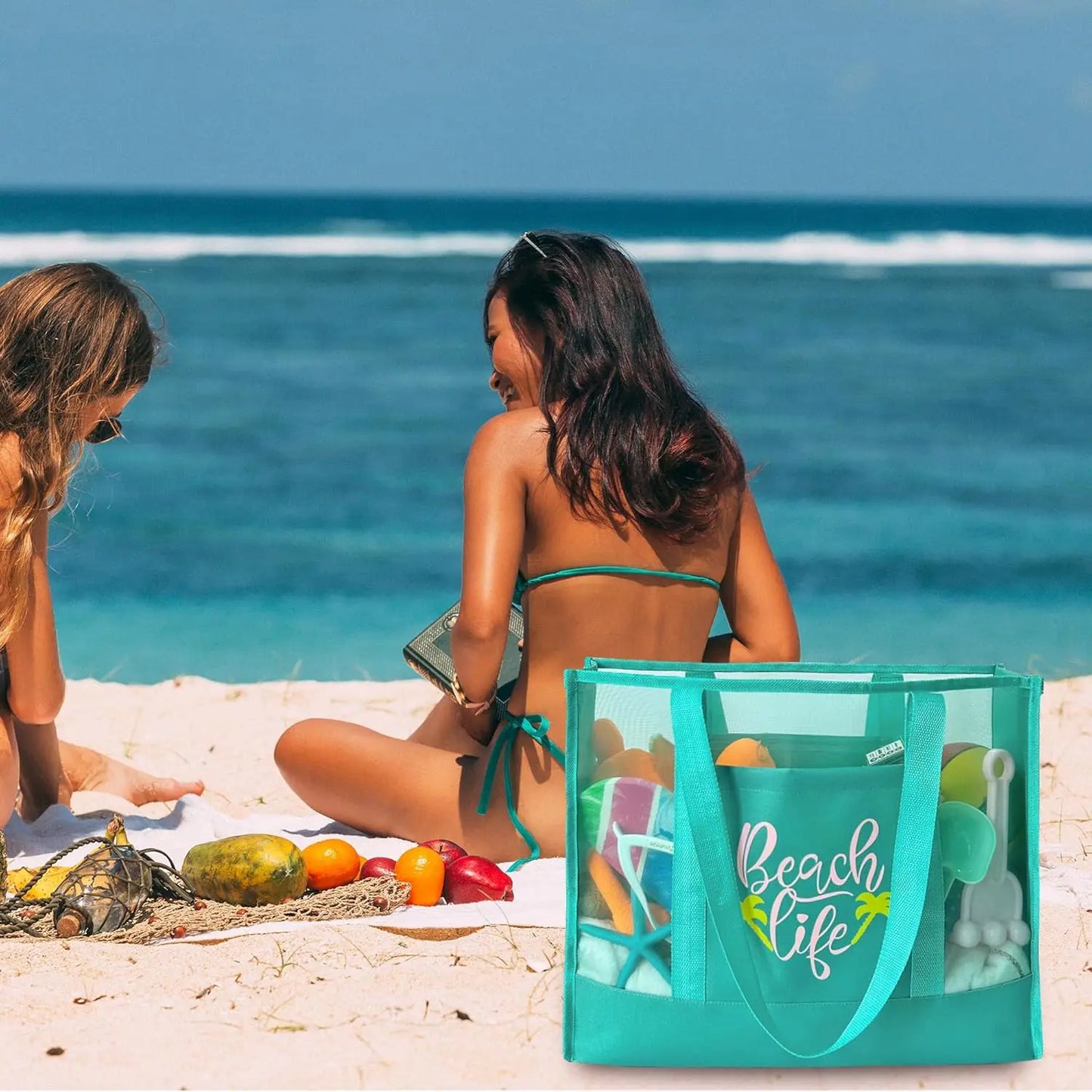 Large Beach Tote with 2 Pockets & Zipper