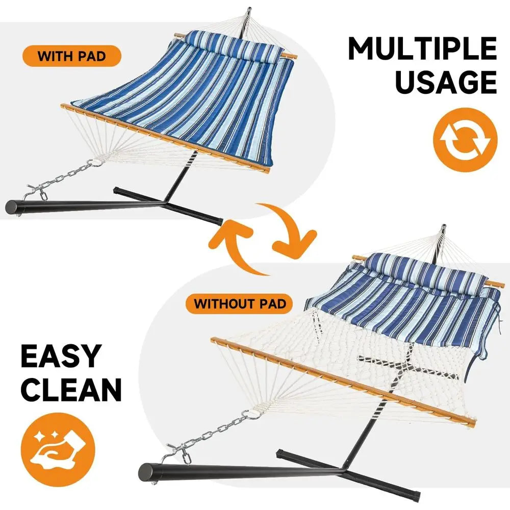 2-Person Cotton Rope Hammock with Adjustable Steel Stand