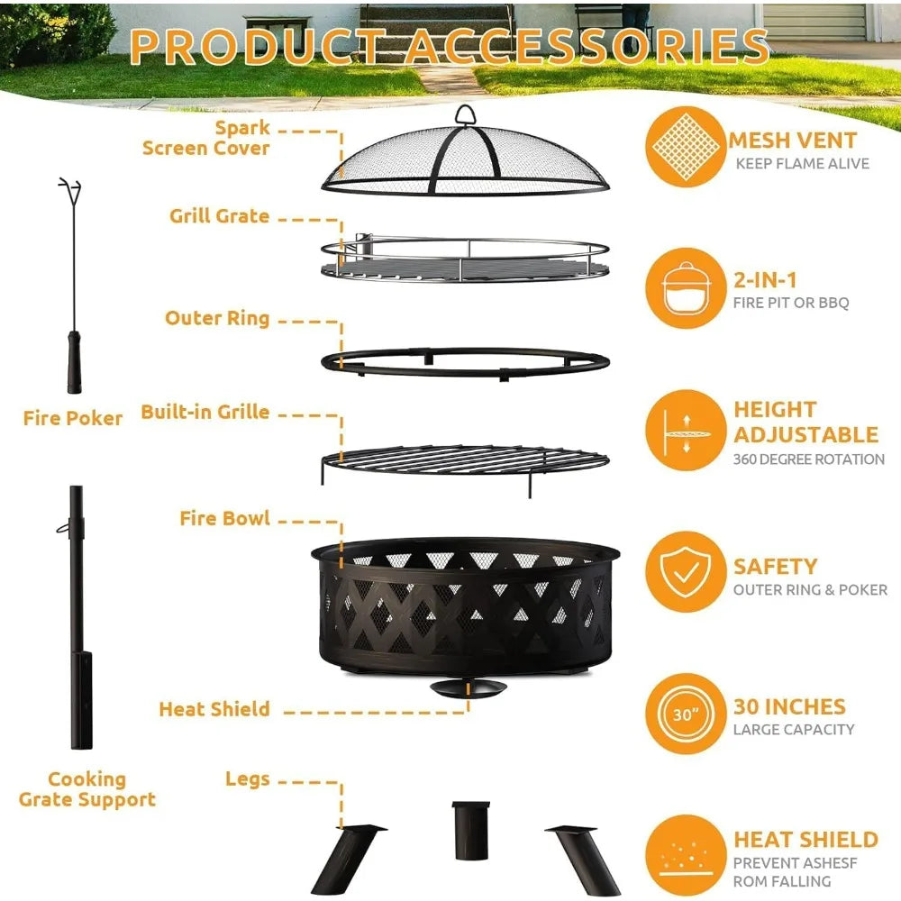 30 Inch Wood Burning Fire Pit - BBQ Grill Grate, Spark Screen, Poker, Lid