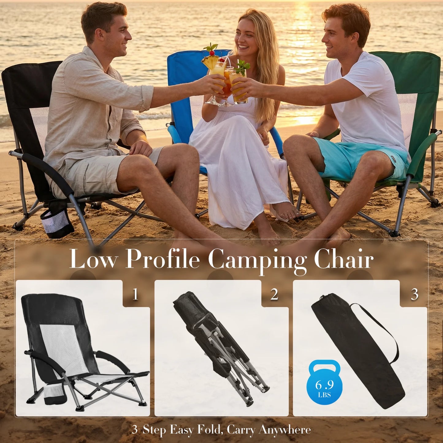 Folding Low Beach Chair with Cup Holder and Padded Armrests
