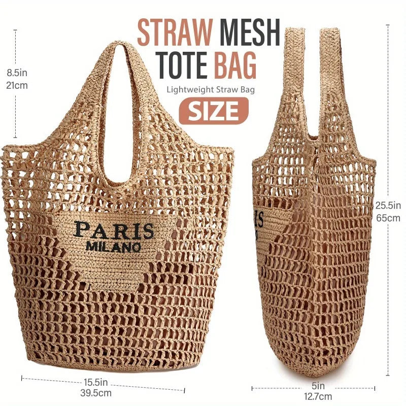 Summer Straw Beach Bag – Woven Tote with Hollow-Out Design for Beach, Travel & Holiday