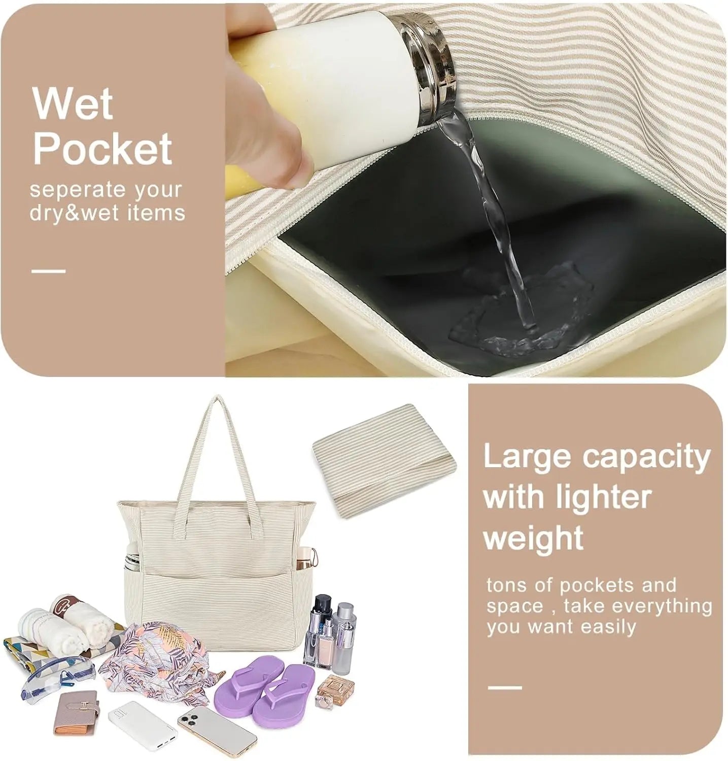 Extra Large Waterproof Beach Tote with Wet Compartment