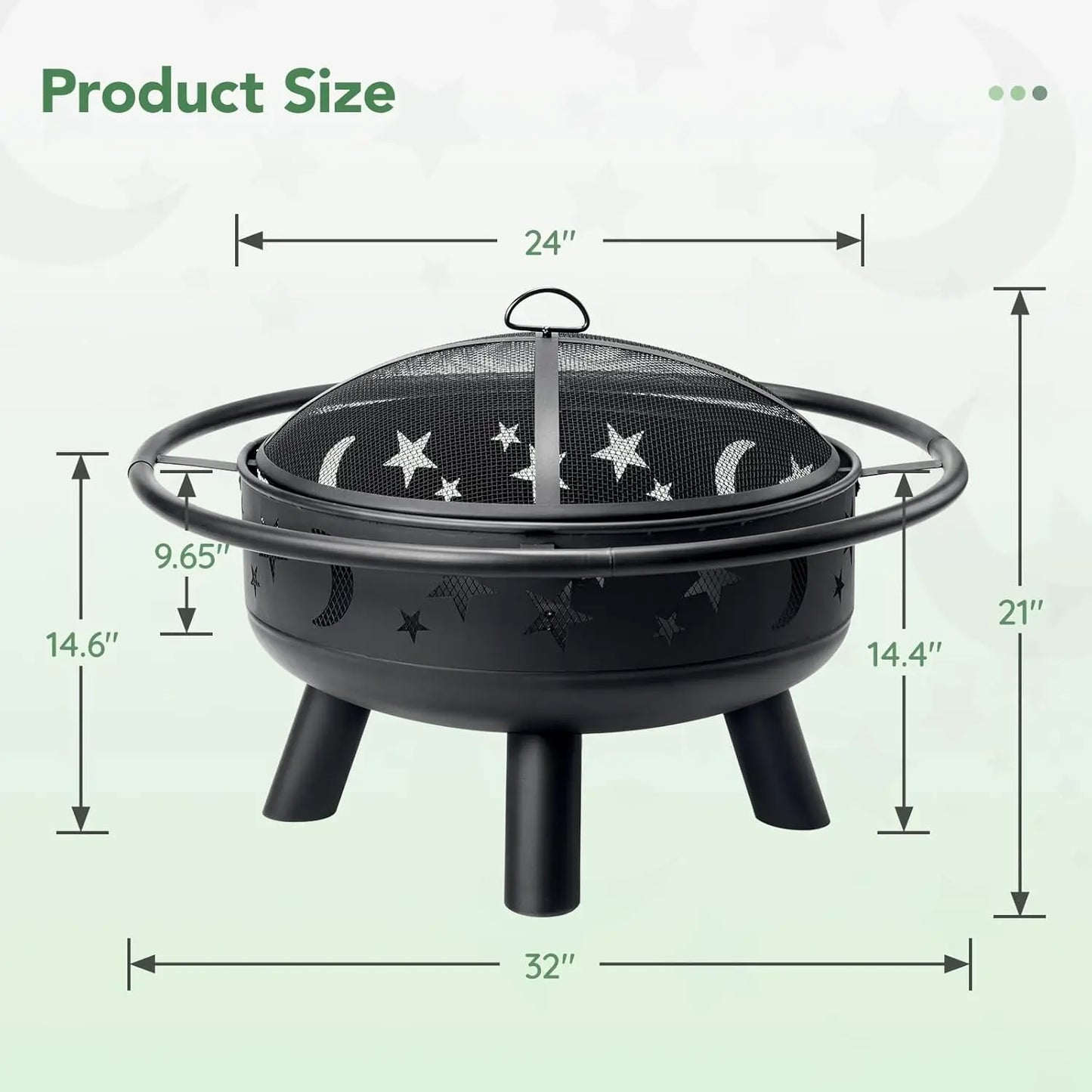 32" Round Wood Burning Fire Pit – Star & Moon Design with Mesh Cover and Poker